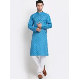 KRAFT INDIA Men Blue Geometric Thread Work Dobby Kurta-image-38