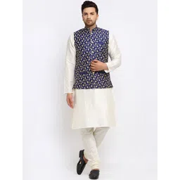 KRAFT INDIA Men Cream-Coloured Regular Dupion Silk Kurta with Churidar & Nehru Jacket-image-39