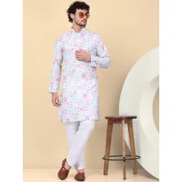 KRAFT INDIA Men Floral Printed Regular Linen Kurta with Pyjamas-image-14