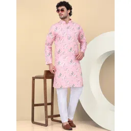 KRAFT INDIA Men Floral Printed Regular Linen Kurta with Pyjamas-image-7