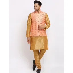 KRAFT INDIA Men Gold-Toned Dupion Silk Kurta with Churidar & Embroidered Nehru Jacket-image-36