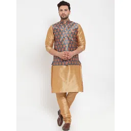 KRAFT INDIA Men Gold-Toned Regular Dupion Silk Kurta with Churidar & Printed Nehru Jacket-image-38