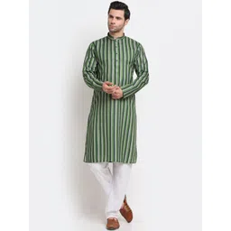 KRAFT INDIA Men Green Striped Regular Pure Cotton Kurta with Pyjamas-picture-39