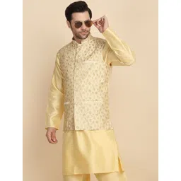 KRAFT INDIA Men Mandarin Collar Straight Kurta with Churidar With Nehru Jacket-image-4