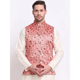 KRAFT INDIA Men Peach-Coloured & Brown Floral Printed Satin Nehru Jacket-picture-19