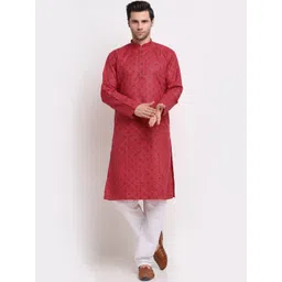 KRAFT INDIA Men Pink & White Printed Pure Cotton Kurta with Pyjamas-image-40
