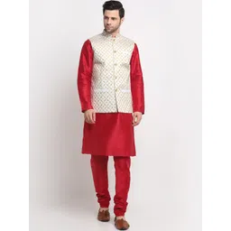 KRAFT INDIA Men Pure Silk Kurta & Churidar With Nehru Jacket-image-29