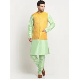 KRAFT INDIA Men Pure Silk Kurta With Churidar And Woven Design Nehru Jacket-image-27