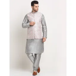 KRAFT INDIA Men Silver Kurta & Churidar with Nehru Jacket-picture-37