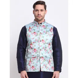 KRAFT INDIA Men Turquoise Blue & Pink Floral Printed Satin Nehru Jacket-picture-22