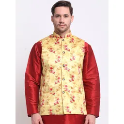 KRAFT INDIA Men Yellow & Red Floral Printed Satin Nehru Jacket-picture-24