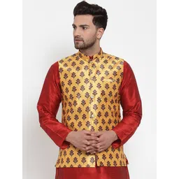 KRAFT INDIA Men Yellow & Red Floral Woven Design Nehrujacket-picture-30