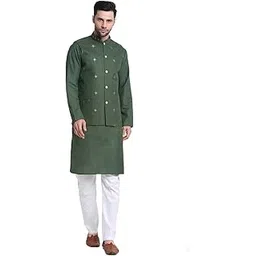 kraft india Men's Cotton Blend Solid Kurta and White Elastic Waistband Pyjama With Cotton Embroided Sequenced Nehru Jacket-picture-26