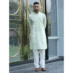 KRAFT INDIA LUXE Floral Embroidered Mandarin Collar Sequinned Cotton Silk Straight Kurta-picture-24