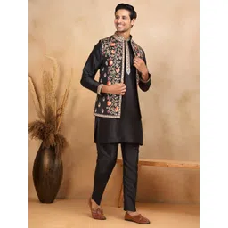 KRAFT INDIA LUXE Men Floral Embroidered Kurta & Trousers With Nehru Jacket-picture-25