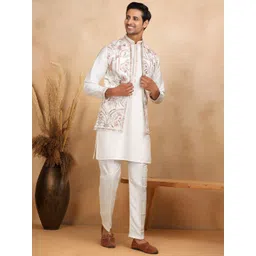 KRAFT INDIA LUXE Men Floral Embroidered Kurta & Trousers With Nehru Jacket-picture-20