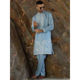 KRAFT INDIA LUXE Men Floral Embroidered Kurta with Trousers-image-41