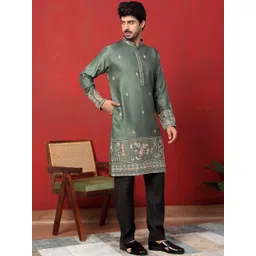KRAFT INDIA LUXE Men Floral Embroidered Regular Thread Work Kurta With Trousers-image-47