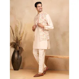 KRAFT INDIA LUXE Men Floral Embroidered Thread Work Kurta with Trousers  With Nehru Jacket-picture-26