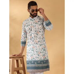 KRAFT INDIA LUXE Men Floral Printed Thread Work Embroidered Chikankari Kurta-image-22