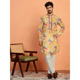 KRAFT INDIA LUXE Men Floral Yoke Design Mirror Work Kurta-picture-26