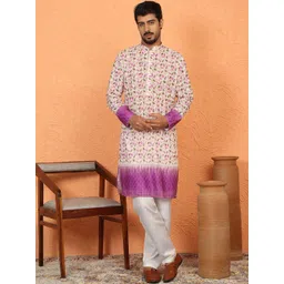 KRAFT INDIA LUXE Men Leaf Printed Mandarin Collar Long Sleeves Straight Kurta-image-32