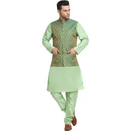 Men Silk Blend Kurta Churidar Ethnic Jacket Set-image-1
