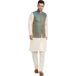 Men Silk Blend Kurta Churidar Ethnic Jacket Set-image-9