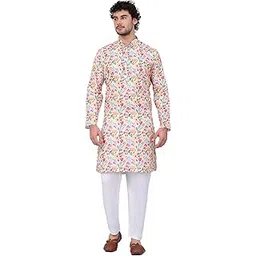 Men's Linen Straight Floral Printed Kurta With Elastic Waistband Pyjama set-image-1