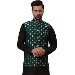 Men's Silk Blend Jacquard Sleeveless Gold Print Nehru Jacket-image-23