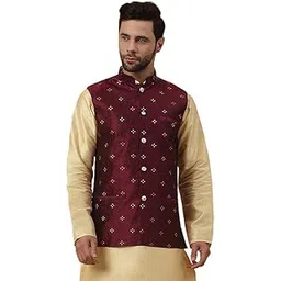 Men's Silk Blend Jacquard Sleeveless Sequenced Nehru Jacket-image-25