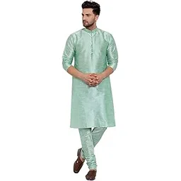 Men's Silk Blend Mandarin Collar Straight Olive Kurta With Churidar-image-15