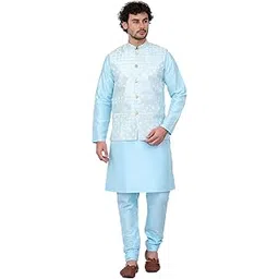 Men's Silk Blend Solid Knee Length Sky Blue Kurta Churidar With Jacquard Sequins Sky Blue Nehru Jacket Set-image-17