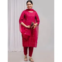 krambica Checked Pure Cotton Kurta With Trousers & Dupatta-picture-35