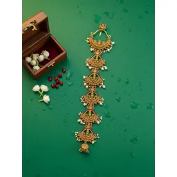 Krelin Antique Gold-Plated South Indian Temple Jada with Kemp Stones & Pearl Danglers-picture-12
