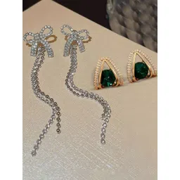Krelin Set Of 2 Rhodium-Plated Rhinestone Studded Tasselled Bow Shaped Drop Earrings-picture-38