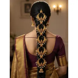 Krelin Traditional South Indian Temple-Style Jada with Kemp Stones & Pearl Danglers-picture-18