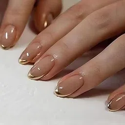 Kriga 24 Reusable Artificial Fake Nail Set| Peach Color With Golden Round On Tip Short Round Oval Shape Glossy Press On Nails| Lightweight & Long Lasting| Quick Fix For Festivals & Special Occasions-picture-24
