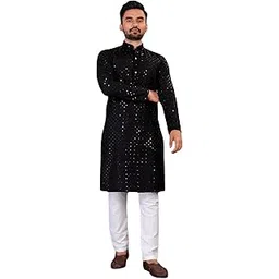 krijet Men's Cotton Silk Sequence Embroidery Kurta with Mandarin Collared Neck Button Down Full Sleeves Straight Knee Length | Kurta for Man-picture-35