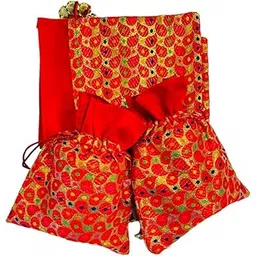 krisah Krisah10/25/30/50 Pieces Women Red Brocade Self Design Silk Brocade Small/Big Gift Potli Bags for Gifting-picture-33