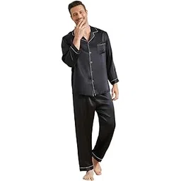 Krishna Apparels Satin Pajamas Set, Long Sleeve Satin Pajamas for Men Sleepwear Button Down Pjs Set Night Suit Night Dress for Men-picture-37