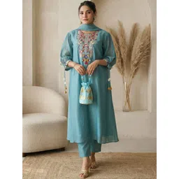 KRISHNA KURTIES Women Ethnic Motifs Embroidered Regular Mirror Work Chanderi Silk Kurta with Trousers & With-picture-33