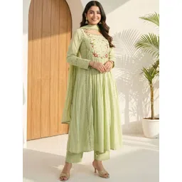 KRISHNA KURTIES Women Floral Embroidered Panelled Thread Work Chanderi Silk Kurta with Palazzos & With-picture-15