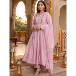 KRISHNA KURTIES Women Floral Embroidered Panelled Thread Work Chanderi Silk Kurta with Trousers & With-picture-34