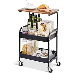 KRISHYAM® Rolling Storage Organizer with Wooden Tabletop, Metal Utility, Lockable Wheels for Kitchen, Office, Bedroom (2-Layer Square with Wooden Top)-picture-26