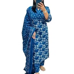 krisjan Women's Cotton Kurti with Floral Print,Dupatta 3pc set ! | Ethnic Set | Dupatta Set | Pant Set |Kurta Set |-picture-20