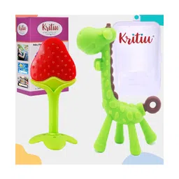 Kritiu Baby Giraffe Shape Silicone Teether Toy & Stand Teether Combo Pack Of 2 - Green-picture-29
