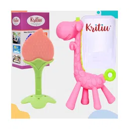 Kritiu Baby Giraffe Shape Silicone Teether Toy & Stand Teether Combo Pack Of 2 - Pink-picture-28
