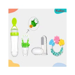 Kritiu Baby Silicone Squeezy Food Feeder Bottle With Spoon Rattle Teether Soft Silicone Finger Toothbrush and Silicone Rattle Fruit And Food Nibbler -(Pack of 4) Green-picture-20