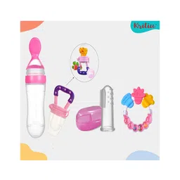 Kritiu Baby Silicone Squeezy Food Feeder Bottle With Spoon Rattle Teether Soft Silicone Finger Toothbrush and Silicone Rattle Fruit And Food Nibbler -(Pack of 4) Pink-picture-13